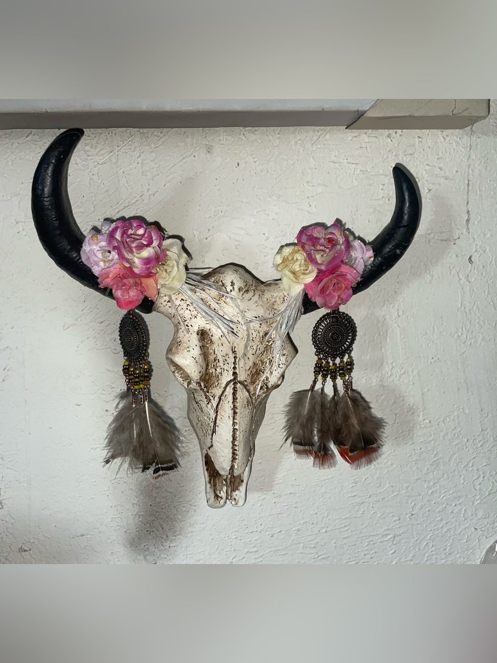 Floral Western Skull Wall Decor in Pink, Cream, and Black